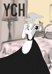 Size: 1640x2360 | Tagged: safe, artist:stirren, imported from derpibooru, anthro, advertisement, clothes, commission, dress, female, long skirt, maid, room, skirt, solo, your character here