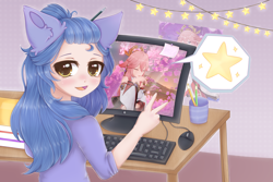 Size: 3000x2000 | Tagged: safe, artist:saltyvity, imported from derpibooru, oc, alicorn, fox, human, anime, anime style, book, computer, floppy ears, genshin impact, humanized, long hair, no pony, not pony related, pc, pc game, peace sign, pencil, pink background, simple background, solo, stars, table, yae miko (genshin impact), yellow eyes