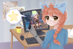 Size: 3000x2000 | Tagged: safe, artist:saltyvity, imported from derpibooru, oc, human, oni, robot, unicorn, anime style, arataki itto (genshin impact), blue background, computer, cute, floppy ears, food, genshin impact, horns, humanized, long hair, no pony, not pony related, pc, pc game, sheet, simple background, solo, stars, table, tea, yellow eyes