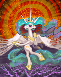 Size: 4242x5366 | Tagged: safe, artist:ja0822ck, imported from derpibooru, princess celestia, alicorn, pony, be not afraid, biblically accurate angels, butt, dancing, fangs, female, fusion, halo, heterochromia, hoof shoes, janus, jewelry, lightning, mare, merge, multiple eyes, multiple legs, peytral, plot, regalia, solo, sun, surreal, three eyes