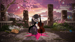 Size: 3840x2160 | Tagged: safe, artist:laylahorizonsfm, imported from derpibooru, octavia melody, butterfly, earth pony, pony, 3d, applejack's hat, background pony, bipedal, book, cello, cherry blossoms, clothes, cowboy hat, crystal, daring do and the quest for the sapphire stone, female, flower, flower blossom, hat, implied mane six, lead pony badge, musical instrument, pinkie pie's cutie mark, scenery, solo, source filmmaker, twilight's cutie mark