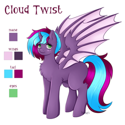 Size: 3543x3543 | Tagged: safe, artist:kirari_chan, imported from derpibooru, oc, oc only, oc:cloud twist, alicorn, bat pony, pony, alicorn oc, bat pony oc, bat wings, commission, commission open, cute, full body, green eyes, horn, long tail, purple mane, reference sheet, short hair, signature, simple background, solo, tail, white background, wings