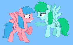 Size: 1323x812 | Tagged: safe, artist:jigglewiggleinthepigglywiggle, imported from derpibooru, firefly, medley, pegasus, pony, base used, best friends, blue background, blue eyes, blue hair, blue mane, blue tail, cute, duo, female, firefly is a tomboy, flyabetes, flying, friends, g1, g1 to g4, g4, generation leap, green hair, green mane, green tail, grin, lidded eyes, mare, medley can fly, medley is a tomboy, medleybetes, pointing, purple eyes, raised arm, simple background, smiling, tail, talking, tomboy, varying degrees of want