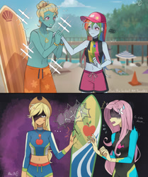 Size: 2924x3500 | Tagged: safe, artist:hikari_aoq, imported from derpibooru, applejack, fluttershy, gladys, rainbow dash, zephyr breeze, human, blue crushed, equestria girls, equestria girls series, ..., 2 panel comic, beach, belly button, clothes, comic, crack, cross-popping veins, female, fluttershy's wetsuit, geode of super speed, geode of super strength, high res, holding hands, implied appledash, implied lesbian, implied shipping, magical geodes, male, sleeveless, surfboard, sweat, sweatdrop, swimsuit, wetsuit, wtf