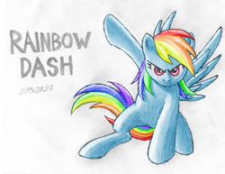 Size: 2196x1696 | Tagged: safe, artist:gravitythunder, imported from derpibooru, rainbow dash, pegasus, pony, female, solo, superhero landing, traditional art