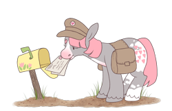 Size: 2700x1746 | Tagged: safe, artist:horseytown, imported from derpibooru, snuzzle, earth pony, pony, bag, letter, mailbox, mailmare, mouth hold, saddle bag, simple background, solo, transparent background