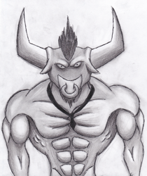 Size: 1016x1207 | Tagged: safe, artist:gravitythunder, imported from derpibooru, iron will, minotaur, male, monochrome, muscles, muscular male, solo, traditional art