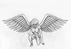 Size: 1672x1170 | Tagged: safe, artist:gravitythunder, imported from derpibooru, rainbow dash, human, female, humanized, monochrome, solo, spread wings, traditional art, winged humanization, wings