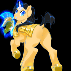 Size: 4000x4000 | Tagged: safe, artist:henyoki, imported from derpibooru, oc, oc only, pony, unicorn, armor, black background, butt, curved horn, female, glowing, glowing horn, guardsmare, helmet, horn, mare, plot, royal guard, simple background, solo, unicorn oc