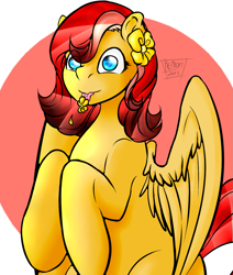 Size: 1241x1465 | Tagged: safe, artist:henyoki, imported from derpibooru, oc, oc only, pegasus, pony, female, flower, flower in hair, pegasus oc, solo, tongue out