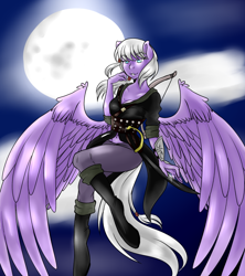 Size: 800x900 | Tagged: safe, artist:henyoki, imported from derpibooru, oc, oc only, oc:silk string, anthro, pegasus, unguligrade anthro, anthro oc, clothes, female, full moon, moon, pegasus oc, solo