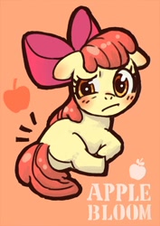 Size: 550x776 | Tagged: safe, artist:yanamosuda, imported from derpibooru, apple bloom, earth pony, pony, blank flank, bloom butt, blushing, butt, female, filly, floppy ears, foal, orange background, plot, simple background, solo