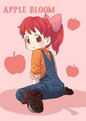 Size: 1000x1412 | Tagged: safe, artist:yanamosuda, imported from derpibooru, apple bloom, human, adorabloom, ass, bloom butt, blushing, bow, butt, clothes, cute, hair bow, humanized, looking at you, looking back, looking back at you, overalls, ponytail, solo