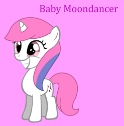 Size: 891x901 | Tagged: safe, artist:jigglewiggleinthepigglywiggle, imported from derpibooru, baby moondancer, pony, unicorn, baby dancerbetes, baby moondancer is a queen, cute, female, filly, foal, full body, g1, g1 to g4, g4, generation leap, grin, hooves, multicolored hair, multicolored mane, pink background, pink eyes, pink tail, pink text, simple background, slasher smile, smiling, solo, standing, tail