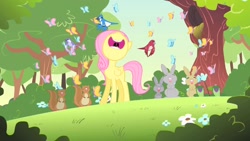 Size: 1280x720 | Tagged: safe, imported from derpibooru, screencap, fluttershy, butterfly, pegasus, pony, rabbit, season 1, the cutie mark chronicles, animal, cute, eyes closed, female, filly, filly fluttershy, foal, funny, funny as hell, hilarious, mawshot, nose in the air, open mouth, shyabetes, singing, smiling, so many wonders, uvula, volumetric mouth, younger