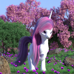 Size: 2560x2560 | Tagged: safe, artist:thelunagames, imported from derpibooru, oc, pony, unicorn, 3d, cinema 4d, flower, horn, rock, solo, tree