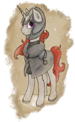 Size: 1280x2074 | Tagged: safe, artist:bob-finnski, imported from derpibooru, oc, oc only, oc:jaques de rouge cremiere, pony, unicorn, body armor, full body, grey fur, helmet, medieval, purple eyes, red hair, simple background, snow, solo, transparent background