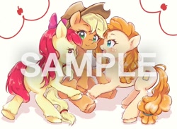 Size: 800x587 | Tagged: safe, artist:moh_mlp2, imported from derpibooru, apple bloom, applejack, pear butter, earth pony, pony, blushing, butt, female, filly, foal, mare, mother and child, mother and daughter, parent and child, plot, sample