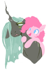 Size: 545x800 | Tagged: safe, artist:bananasmores, imported from derpibooru, pinkie pie, queen chrysalis, changeling, changeling queen, earth pony, pony, chryssie pie, duo, female, hug, lesbian, queen chrysalis is not amused, shipping, simple background, unamused, white background