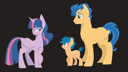 Size: 3400x1920 | Tagged: safe, artist:camsdart, edit, imported from derpibooru, first base, flash sentry, twilight sparkle, alicorn, earth pony, pegasus, pony, :t, black background, blushing, brothers, colt, cropped, female, flashlight, foal, height difference, male, mare, shipping, siblings, simple background, stallion, straight, twilight sparkle (alicorn)