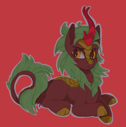 Size: 1902x1919 | Tagged: safe, artist:beetlebonez, derpibooru exclusive, imported from derpibooru, cinder glow, summer flare, kirin, annoyed, cloven hooves, colored sketch, female, looking at you, lying down, red background, simple background, solo