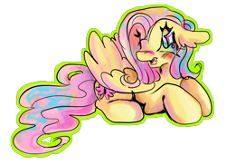Size: 2723x1985 | Tagged: safe, artist:larvaecandy, imported from derpibooru, fluttershy, pegasus, pony, cute, female, lying down, mare, open mouth, open smile, outline, prone, shyabetes, simple background, smiling, solo, transparent background