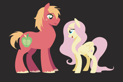 Size: 450x300 | Tagged: safe, artist:camsdart, edit, imported from derpibooru, big macintosh, fluttershy, earth pony, pegasus, pony, black background, cropped, duo, duo male and female, female, fluttermac, height difference, looking at each other, looking at someone, male, mare, missing accessory, shipping, simple background, stallion, straight