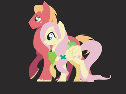 Size: 400x300 | Tagged: safe, artist:camsdart, edit, imported from derpibooru, big macintosh, fluttershy, earth pony, pegasus, pony, alternate hairstyle, bandana, black background, cropped, duo, duo male and female, female, fluttermac, hair tie, male, mare, missing accessory, shipping, simple background, smiling, stallion, straight, walking