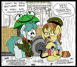 Size: 1024x889 | Tagged: safe, artist:bobthedalek, imported from derpibooru, oc, oc:bubble pump, oc:clippy ticket, earth pony, pegasus, pony, comic:trottingham transport, angry, bus, clothes, comic, female, flat tire, hat, male, mare, rain, speech bubble, stallion, sweater, umbrella, wet, wet mane