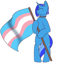 Size: 1751x1874 | Tagged: safe, artist:emmettarts, imported from derpibooru, oc, oc only, oc:sight unseen, pony, unicorn, bipedal, blank flank, blue coat, blue mane, blue tail, collar, commission, female, flag, holding a flag, mare, pride, pride flag, short mane, simple background, smiling, solo, standing, standing on two hooves, tail, transgender, transgender pride flag, transparent background, two toned mane, two toned tail, watermark, ych result