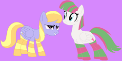 Size: 761x380 | Tagged: safe, artist:jadeharmony, artist:selenaede, imported from derpibooru, blossomforth, cloud kicker, pegasus, pony, base used, clothes, cloudforth, duo, female, grin, lesbian, mare, purple background, shipping, simple background, smiling, socks, striped socks