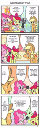 Size: 711x2285 | Tagged: safe, artist:wakyaot34, imported from derpibooru, apple bloom, applejack, pinkie pie, earth pony, pony, 4 panel comic, 4koma, banjo, camera, comic, drums, female, filly, foal, japanese, mare, musical instrument, smiling, speech bubble, translation, trumpet