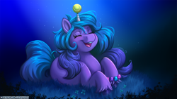 Size: 1280x720 | Tagged: safe, artist:emithegoat, imported from derpibooru, izzy moonbow, pony, unicorn, ball, cute, eyes closed, female, g5, horn, horn impalement, izzy impaling things, izzy's tennis ball, izzybetes, lying down, mare, night, open mouth, prone, solo, tennis ball