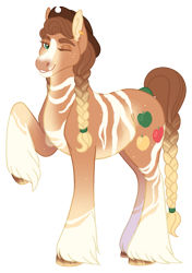 Size: 1307x1857 | Tagged: safe, artist:felinenostalgic, imported from twibooru, applejack, oc, oc only, earth pony, pony, alternate cutie mark, alternate design, applejack's hat, braid, braided tail, coat markings, colored hooves, cowboy hat, ear piercing, facial markings, female, freckles, gradient mane, hat, hoof fluff, image, looking at you, mare, one eye closed, piercing, png, raised hoof, redesign, simple background, smiling, solo, transparent background, wink, winking at you