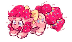 Size: 540x313 | Tagged: artist needed, safe, imported from twibooru, pinkie pie, earth pony, pony, bow, coat markings, colored hooves, cute, female, hoof fluff, image, needs more jpeg, simple background, solo, tongue out, white background