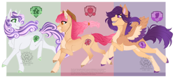 Size: 1600x719 | Tagged: safe, artist:xxangelstarxx, imported from twibooru, apple bloom, scootaloo, sweetie belle, earth pony, pegasus, pony, unicorn, alternate design, braid, braided tail, coat markings, colored hooves, cowboy hat, curved horn, cutie mark, cutie mark crusaders, ear fluff, facial markings, fangs, female, freckles, hat, horn, image, looking at each other, mare, open mouth, png, running, simple background, smiling