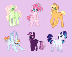 Size: 1280x1024 | Tagged: safe, artist:fluffae, imported from twibooru, applejack, fluttershy, pinkie pie, rainbow dash, rarity, twilight sparkle, earth pony, pegasus, pony, unicorn, alternate design, chest fluff, closed wing, coat markings, feathered fetlocks, freckles, glasses, gradient mane, hair bun, hair over one eye, image, leonine tail, mane six, needs more jpeg, pink background, simple background, smiling, spread wings, standing on two hooves, straw in mouth, unicorn twilight, wings