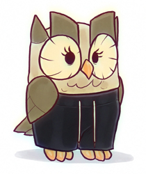 Size: 1121x1336 | Tagged: safe, artist:dirtyfox911911, imported from derpibooru, owlowiscious, bird, owl, clothes, pants, solo, sweatpants