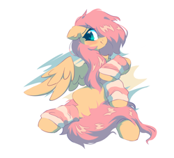 Size: 2200x2000 | Tagged: safe, artist:mirtash, edit, editor:edits of hate, imported from twibooru, fluttershy, pegasus, pony, alternate hairstyle, blushing, chest fluff, clothes, female, fluffy, hair over one eye, image, leg warmers, mare, png, simple background, sitting, smiling, socks, solo, striped socks