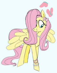 Size: 744x961 | Tagged: safe, artist:mewnikitty, edit, editor:edits of hate, imported from twibooru, fluttershy, butterfly, insect, pegasus, pony, accessories, bow, bracelet, female, heart, image, jewelry, necklace, pearl necklace, png, simple background, smiling, solo, standing, white background