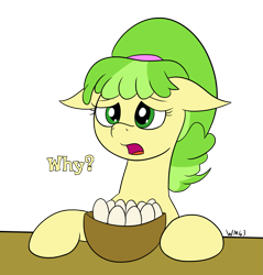 Size: 1847x1936 | Tagged: safe, artist:wapamario63, chickadee, ms. peachbottom, earth pony, pony, bowl, egg, female, floppy ears, mare, meme, open mouth, simple background, table, talking, transparent background, you have to eat all the eggs