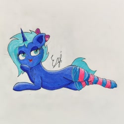 Size: 1386x1386 | Tagged: safe, artist:engi, imported from derpibooru, oc, oc only, oc:midnight ink, pony, unicorn, bedroom eyes, belly button, bow, clothes, eyeshadow, female, hair bow, horn, lying down, makeup, open mouth, socks, solo, striped socks, traditional art, unicorn oc