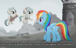 Size: 784x499 | Tagged: safe, edit, edited screencap, imported from derpibooru, screencap, barley barrel, pickle barrel, rainbow dash, robert lutece, rosalind lutece, pegasus, pony, rainbow roadtrip, barrel twins, bioshock, bioshock infinite, booker dewitt, brother and sister, butt, colt, desaturated, female, filly, foal, lutece twins, male, mare, plot, siblings, twins