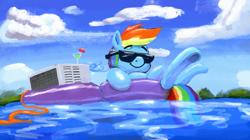 Size: 2732x1527 | Tagged: safe, artist:phutashi, imported from derpibooru, rainbow dash, pegasus, pony, air conditioner, chillaxing, crossed legs, female, frog (hoof), inner tube, lying down, mare, martini glass, moments before disaster, rainbow dumb, smiling, solo, summer, sunglasses, swimming pool, this will end in death, this will end in electrocution, this will not end well, too dumb to live, underhoof