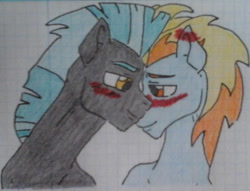 Size: 1057x807 | Tagged: safe, artist:tejedora, imported from derpibooru, lightning streak, thunderlane, pegasus, pony, blue coat, blue mane, blushing, bust, ear blush, gay, graph paper, gray coat, lidded eyes, looking at each other, looking at someone, male, orange eyes, orange mane, shipping, smiling, thunderstreak, traditional art