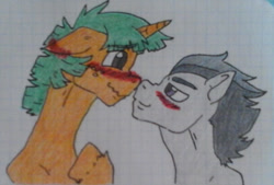 Size: 1149x779 | Tagged: safe, artist:tejedora, imported from derpibooru, rumble, snails, pegasus, pony, unicorn, blushing, bust, disembodied head, duo, ear blush, floppy ears, freckles, gay, graph paper, gray coat, gray mane, green eyes, looking at each other, looking at someone, looking into each others eyes, male, older, older rumble, older snails, orange coat, purple eyes, smiling, snumble, stallion, teal mane, traditional art, wavy mouth