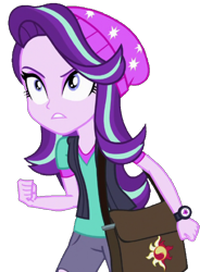 Size: 754x1024 | Tagged: safe, artist:fireluigi29, edit, edited screencap, imported from derpibooru, screencap, starlight glimmer, human, equestria girls, mirror magic, spoiler:eqg specials, background removed, beanie, clenched fist, clothes, determined, female, glare, hat, not a vector, pants, shirt, simple background, solo, sunset's bag, teeth, torn clothes, transparent background, vest, watch, wristwatch