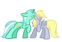 Size: 950x650 | Tagged: safe, artist:selective-yellow, imported from derpibooru, derpy hooves, lyra heartstrings, pegasus, pony, unicorn, blonde mane, blonde tail, blushing, cyan mane, cyan tail, eyes closed, female, floppy ears, gray coat, green coat, lesbian, lyraderp, mare, multicolored mane, multicolored tail, nuzzling, raised hoof, shipping, simple background, smiling, tail, transparent background, white mane, white tail