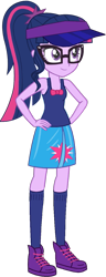 Size: 525x1371 | Tagged: safe, artist:fireluigi29, imported from derpibooru, sci-twi, twilight sparkle, human, equestria girls, bare shoulders, blue socks, clothes, cutie mark on clothes, female, glasses, hand on hip, hat, simple background, sleeveless, socks, solo, sports, sports outfit, sporty style, tanktop, tennis, tennis shoes, transparent background