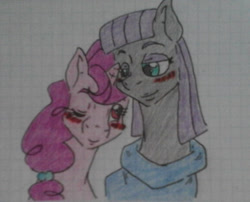 Size: 1119x903 | Tagged: safe, artist:tejedora, imported from derpibooru, maud pie, sugar belle, earth pony, pony, unicorn, blue eyes, blushing, bust, eyeshadow, female, graph paper, gray coat, height difference, lesbian, looking at each other, magenta mane, makeup, mare, one eye closed, pink coat, pink eyes, purple eyeshadow, purple mane, smiling, smiling at each other, sugarmaud, traditional art